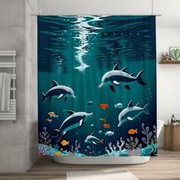Vibrant Dolphin Pod In Coral Reef Shower Curtain - Stunning 3D Ocean Life Design For A Waterproof And Unique Bathroom Dcor W60H190(CM)-1 Pcs blue