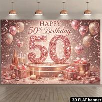 2D plokščias baneris, tinkamas 50-ojo jubiliejaus šventei, su auksinės rožinės spalvos fonu ir kalnų krištolais, temos numeris 50 59x51.1inch/150*130cm white