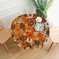 1pc Round Tablecloth, Retro 70S Floral Pattern, Vibrant Orange-Brown Polyester Machine Washable Easy Clean 50inch(127cm) brown