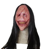 Moteriška velnio baisi siaubo latekso raudonos veido kaukė su plaukais Helovino Cosplay vakarėliui brown