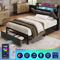 Lit rembourré avec USB Tête de lit escamotable avec éclairage LED et tiroirs, lit simple 90 x 200, gris (sans matelas) pilka