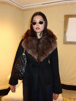 Women's Plush Lapel Tie Waistband Synthetic Woolen Coat L juoda
