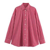 Women's Point Collar Long Sleeve Button Down Shirt Loose Fit Minimalist Striped Poplin Blouse XS pink