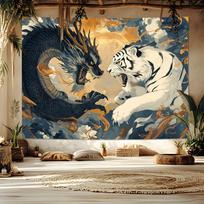 Dragon Vs Tiger Tapestry  Mythical Clash Dramatic Clouds  Intense Battle for Bold and Powerful Home Decor Wall Art 100X70CM beige