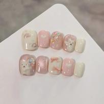10Pcs Handmade Pink Short Ballet Press On Nails Cute Cat Bow Tie Love Design Glossy Fake Nails For Women And Girls beige