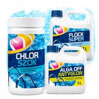 Baseino chemikalų rinkinys: ALGA OFF ANTIGLONE 1 l, Chlorine Shock, Super Flock koaguliantas