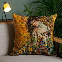 Gustav Klimt Oil Painting Pillow Case Safe Custom Photo Pillow, Anti-fade Brushed Fleece Cushion, Maternal & Infant Safe. 16x16Inch brown