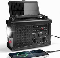 Nešiojama avarinė AM/FM radija su rankenėle, saulės baterija, žibintuvėliu ir powerbank