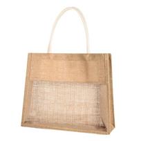Transparent Window Burlap Wine Bottle Bags Jute Wrapping Handbag  Wedding Party Event 2-L beige