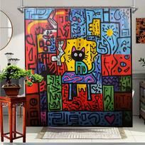 Vibrant Cat Art Waterproof Mildew-Resistant Shower Curtain - Fun and Colorful Design for a Unique Bathroom Décor Experience W90XH180cm red