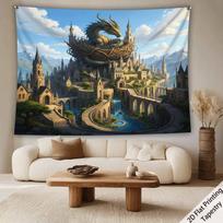 Dragon and Castle Scenery Digital printing polyester wall tapestry suitable for use in living rooms bedrooms offices bars party 74x94cm(29x37in) gray