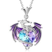 Trendy Colorful Flying Dragon Heart Necklace Women Birthstone Crystal Pendant Fantasy Jewelry Gift for Her violetinė