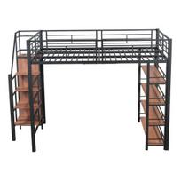 Bunk Bed Youth with Safety Stairs Several Shelves Built-in Wardrobe Adult Strong Load Bearing Metal Frame Loft Home Furniture Canopy L juoda