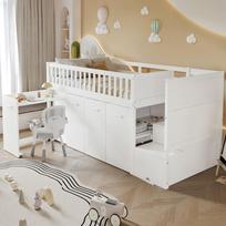 Bunk bed, children's bed with fall protection and rail, with desk/wardrobe, with 2 lockers in the staircase, pine+MDF, white, 90x200cm 254 x 95 x 115 cm balta