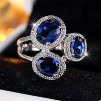 Luxury Female Blue Oval Finger Ring Vintage Silver Color Wedding Band Bridal  For Women 6 mėlyna