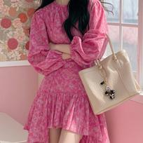 French Temperament Spring Women's Dopamine Stunning Skirt Pink Floral Irregular Dress M pink