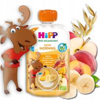 Vaisiaus tyrelė HiPP BIO su obuoliais, persikais, bananais, dribsniais ir jogurtu, nuo 1 metų, 120 ml