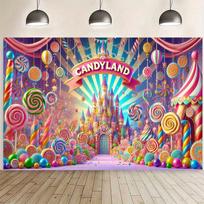 Candy Country Background Banner - A vibrant candy castle scene with colorful candies and balloons, perfect for families 47.2x31.5inch/120*80cm blue