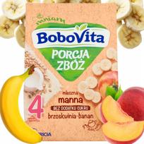 Pieninė manų košė kūdikiams su persikais ir bananais BOBOVITA, nuo 4 mėn., 210 g