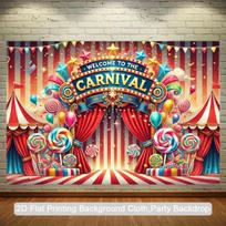 Carnival Welcome Tapestry Circus Tent Candy Balloons Party Backdrop 2D Flat Printing Cloth for Birthday Celebration Event Decor 100X70CM blue
