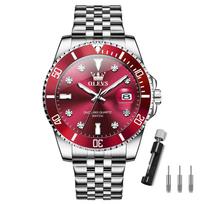 OLEVS NO.9809 Analoginis laikrodis Vyriškas Raudonas Ciferblatas Sidabrinis Nerūdijančio Plieno 39mm Datos Rodymas 30M Atsparus Vandeniui gray