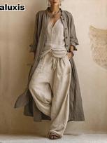 Summer Solid Wide Leg Pants Set Women Cotton Linen Fashion 3 Piece Outfit S abrikosas