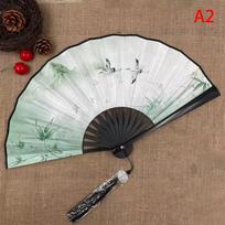Chinese Style Folding Hand Fan for Classical Dancing Vintage Plastic Animal Print Long Cloth Fan Perfect for Festival Performance or Gifting A2