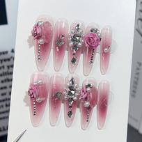 Long Press-On Nails With Floral Design Ice-Transparent Blush Effect Sweet Pure Temptation Style Removable Nail Tips Extra Small gray