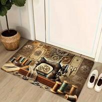 Retro durų kilimėlis su siuvimo mašinos ir žirklių dizainu, neslystantis poliesterio kilimas, tinkamas svetainės ir miegamojo dekoravimui 40cm x 60cm beige