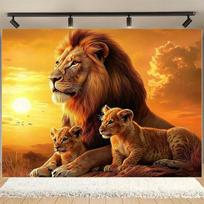 Wild Animal Art Print Of Majestic Lion And Babies In Golden Sky Scene For Home Or Bedroom 100X70CM black
