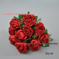 10-Head Burnt-Edge Rose Bouquet: Artificial Silk Flowers for Living Room Decor, Dining Table Arrangement, and Bridal Bouquets. Flower Diameter Approx. 7cm raudona