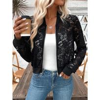 Elegant Women Jacquard Lace Sheer Zipper Short Jacket Outerwear XXL juoda