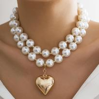 IngeSight.Z 2pcs/set Exaggerated Metal Large CCB Peach Heart Pendant Necklace for Women Retro Imitation Pearl Beaded Choker Neck brown