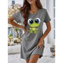 Women's Fashionable Casual Short-Sleeve Sleep Dress with Cute Cartoon Frog Print, Simple Loungewear Pajamas S black