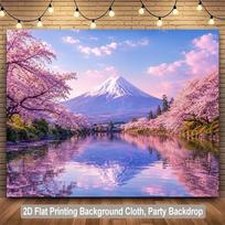 Large Sakura Cherry Blossom Mount Fuji Japanese Landscape Tapestry Backdrop Wall Decor Cloth Polyester Art Print for Party Room 100X70CM white