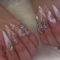 24 Pcs Long Press On Nail Rhinestones Acrylic False Nail Stilettos Artificial Nail Flowers Stick on Nail for Party 1 gray