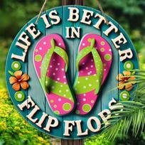 Life Is Better In Flip Flops Round Wooden Hanging Sign, 2D Flat Wooden Beach Summer Wall Decor pink