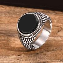 Prjewel Round Tiger Eye Stone Top Finger Band Black Zircon Stainless Steel Stamp Ring Dragon Scales Textured Signet for Men 7 brown
