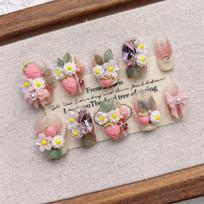 Handmade Short Press-On Nails With Pink Strawberry Design Cute Kawaii Ins Style Acrylic Nail Tips Women Girls Medium gray