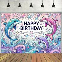 2D plane, colorful dolphin birthday party backdrop, outdoor party decoration for celebration, polyester fiber 100x150cm white