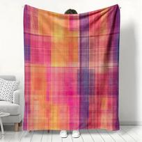 Vibrant Ombre Plaid Flannel Blanket Pink Orange Gradient Art Throw Soft Cozy for Modern Home Decor Warm Sofa Couch Gift Size: 75*100cm, Weight: 230 GSM multi