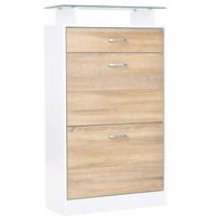 Shoe Cabinet Shoe Storage Unit 2 Flip-Down Doors 2 Compartments, Drawer, Glass Shelf - Oak White Wood 60 x 24 x 105 cm smėlis