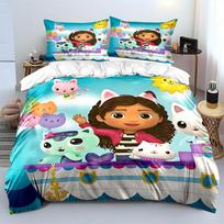 3pcs Cartoon G-Gabbys D-D0llhouse Print Bedding Set 1 Duvet Cover 2 Pillowcases for Adult and Children Luxury Gift Full Size US Twin 173X218cm blue