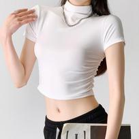 Dopamino pagrindo marškinėliai moterims su pusiau paaukštinta apykakle Pavasario ir vasaros Atidengtas pilvas Trumpomis rankovėmis T-shirt Seksualus prigludęs trumpas viršus M white