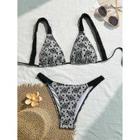 Black Flower Embroidery String Micro Bikini Thong Set Sexy Swimsuit Women Holiday Swimwear Bathing Suit Bikinis Femmes S juoda