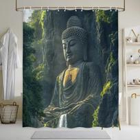 Tranquil Buddha Shower Curtain - Majestic Statue At Mount Emei, Polyester, Woven, Serene Scene With Trees & Waterfall W60H190(CM)-1 Pcs gray