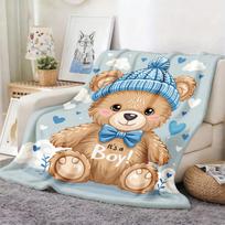 1pc Cute Brown Teddy Bear Flannel Blanket, Wearing Blue Hat And Bow Tie,  It'S a Boy!  Printed on Chest, Sky, Clouds And Heart Pattern Background, Pol 75X95CM gray