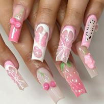 24 Pcs Long Coffin Press On Nails Sweet Pink Strawberry Cherry Fruit Design Summer Dopamine Wearable Fake Nails brown