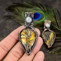 Bumblebee Jasper, Moonstone Gemstone Copper Wire Wrap Jewelry Pendant 2.60 gray