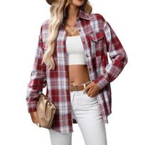 Women's Point Collar Long Sleeve Plaid Shirt Loose Fit Streetwear Button Down Shirt With Chest Pockets For Casual Daily Layering Outfits S gray
